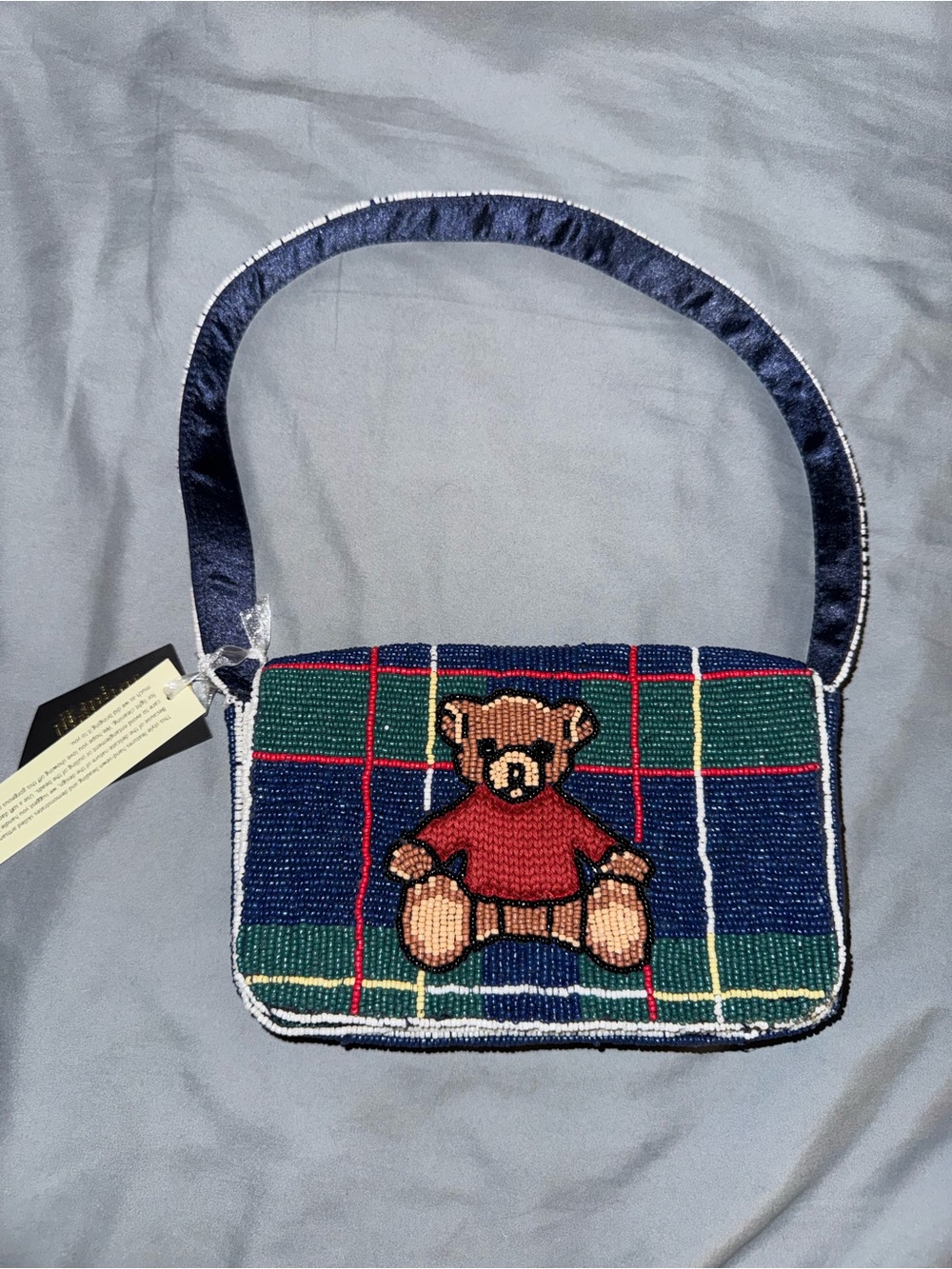 Beaded Teddy Bear Plaid Shoulder Bag Handmade in India New with Tags